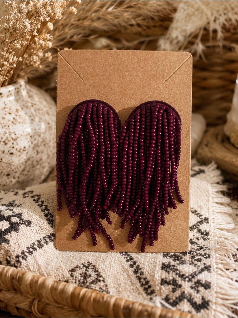 Sugarfix Beaded Fringe Earrings in Deep Plum